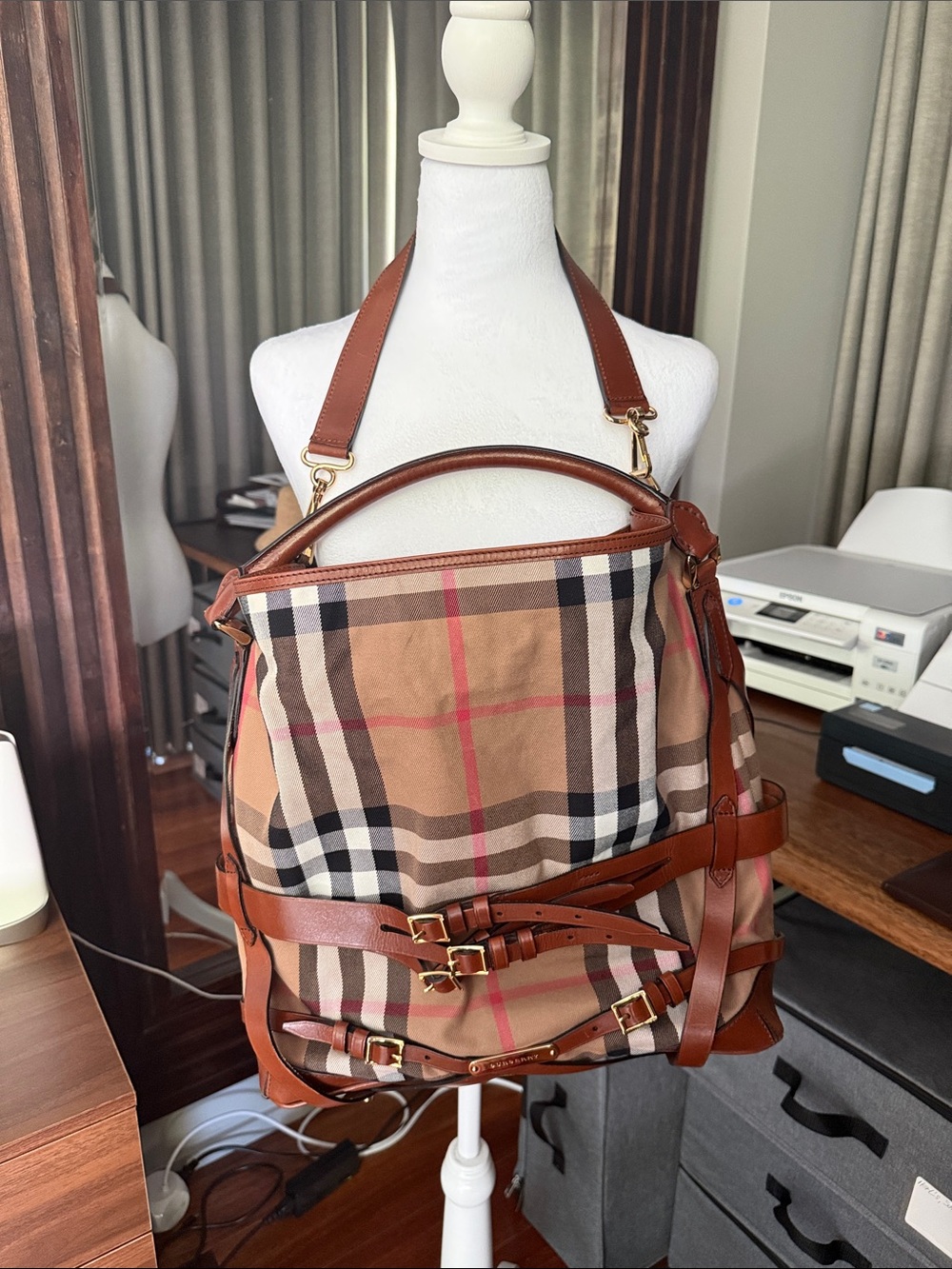 Burberry Tan Check Shoulder Bag with Brown Leather Trim, great condition